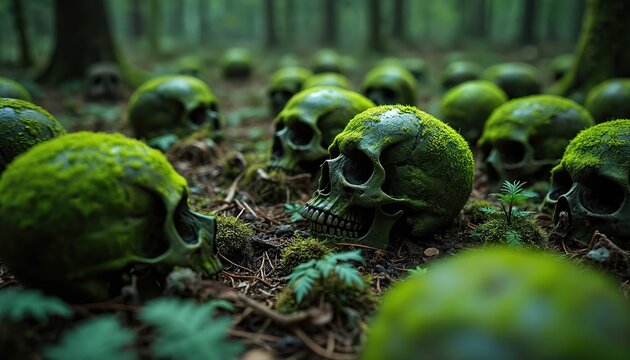 Many green moss covered human skulls and bones lie on forest floor. Overgrown ground with dead remains in dark woods. Nature reclaims forgotten dead.