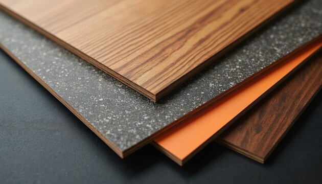 Wood grain and speckled stone chipboard samples stacked on dark surface. Orange colored board adds bright accent. Choose material for home or office interior design projects.