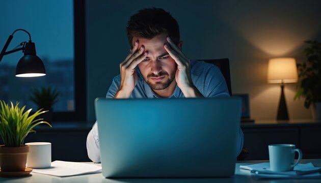 Man stressed from late night work on laptop in dim office. Exhausted businessman holds head at desk with papers and coffee mug. Feeling mental strain from long hours. Deadline pressure evident.