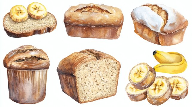 Watercolor set of banana bread loaves and sliced pieces with bananas, isolated on white background, hand-painted food illustration.