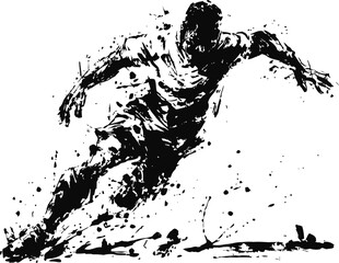 Naklejka premium Dynamic silhouette of soccer player in action, splatter ink illustration, sports energy and movement concept