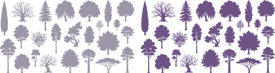 Purple tree silhouettes collection, set of 40 flat vector tree icons, diverse forest and garden plant shapes for landscape design and architecture © xantii