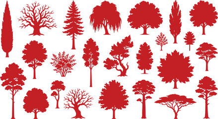 Red tree silhouettes collection, set of 22 botanical vector elements, assorted forest and garden tree shapes, flat nature icons for landscape design © xantii