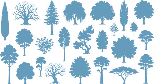 Blue tree silhouettes collection, set of 22 botanical vector elements, assorted forest and garden tree shapes for landscape design and architectural mapping