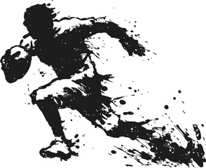 Obraz premium Dynamic rugby player sprinting with ball, ink splatter silhouette, motion and energy artistic concept