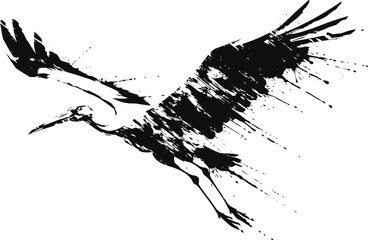 Naklejka premium flying crane bird silhouette with artistic grunge splatter effect in black and white