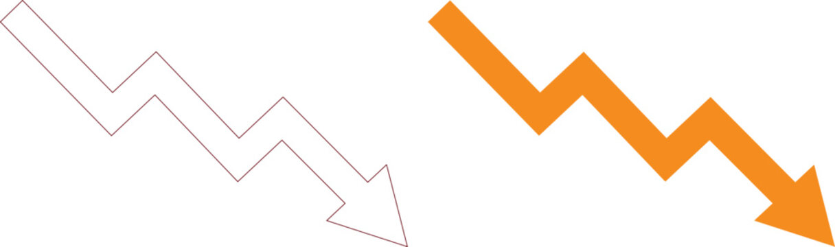 Downward Trend Zigzag Arrow Vector, Orange and Outline Style Decline Indicator, Business Loss or Economic Recession Symbol, Financial Crisis Graphic Element