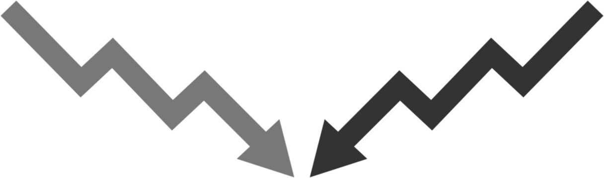 Downward trend arrows vector graphic, two dark gray zigzag lines pointing down, representing decline, loss, or negative business performance, ideal for financial reports and data visualization