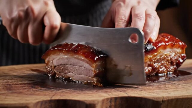 Chef skillfully slicing juicy pork belly with cleaver on wooden cutting board showing layers and texture