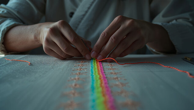 ネオン糸の刺し子を縫う匿名の手元が映す現代的な工芸表現