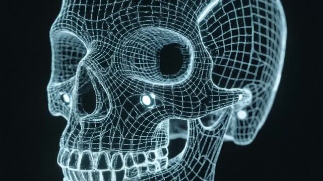 A detailed wireframe 3D model of a human skull glows with a cool blue light against a dark background, showcasing intricate anatomical detail
