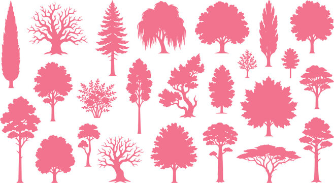 Diverse tree silhouettes vector collection, various deciduous and coniferous tree shapes, natural forest elements, botanical design assets for nature-themed projects
