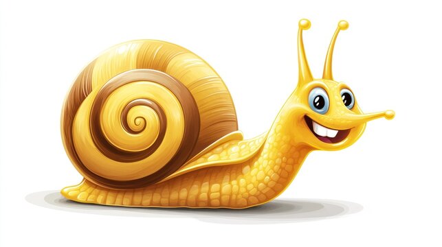 Smiling yellow snail with brown spiral shell