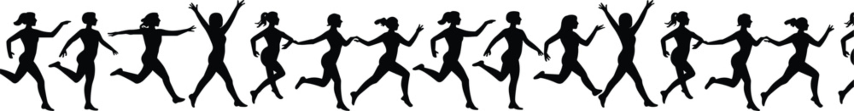"Collection of Silhouette Running and Jumping Figures in Various Poses for Fitness and Movement Illustrations"