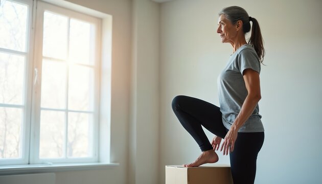 Mature woman performs step-up exercise indoors near window. Lady trains strength, balance and agility at home for healthy active aging and wellness.