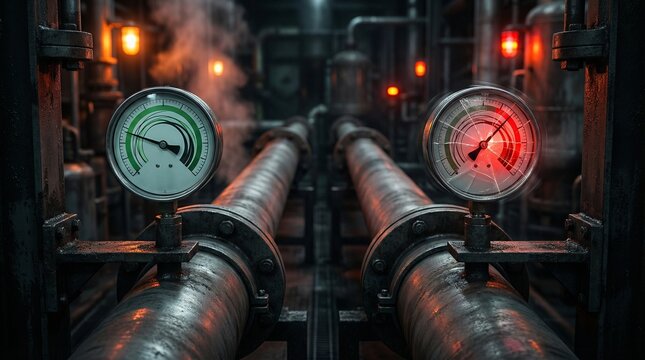 Industrial Pressure Gauges on Pipes with Contrasting Safe and Danger Readings