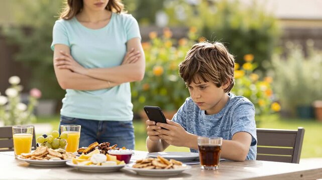 Mother's Frustration Over Son's Smartphone Use During Outdoor Meal