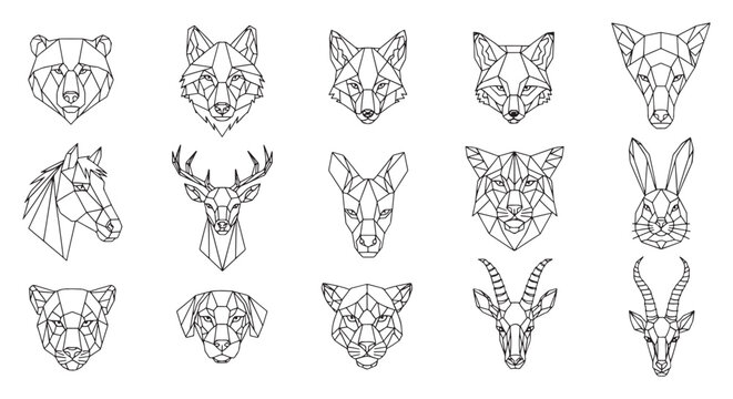 Geometric Animal Head Outline Collection Polygon Wildlife Vector Set