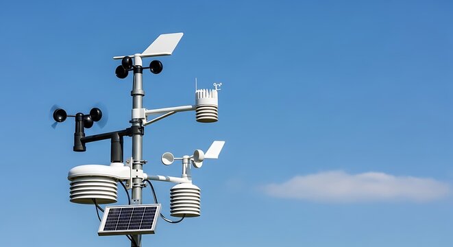 A detailed image of a meteorological weather station measuring conditions against a bright blue sky. The equipment features wind vanes, solar panels, and thermometers.