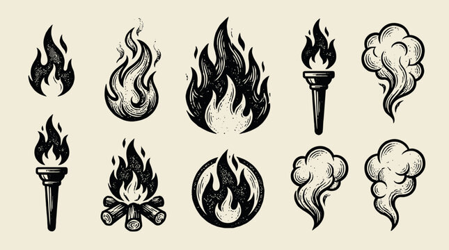 Set of vintage hand drawn fire flame torch and smoke icons in woodcut style on light background, concept for outdoor camping logo, retro graphic design and symbolic illustration elements