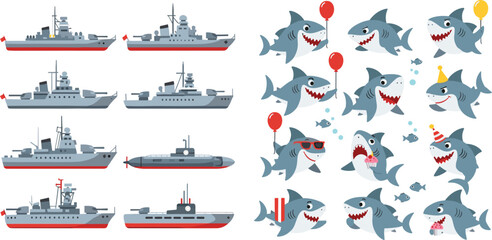 Naval Ship and Cartoon Shark Character Set with Festive Designs, Balloons, and Party Accessories for Maritime and Ocean-Themed Illustrations