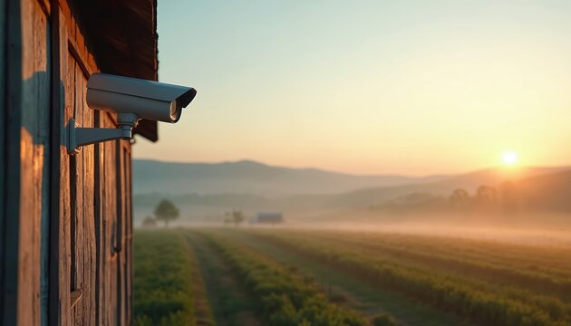 Security camera on old barn wall watches over misty farm field at sunrise. Peaceful rural landscape with hills in background shows early morning fog over crops.