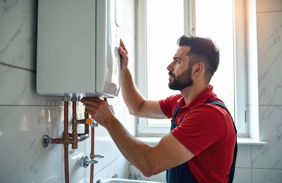Man in uniform works on electric water heater installation in modern bathroom. Plumber connects pipes to appliance. Home service, repair, domestic tech.