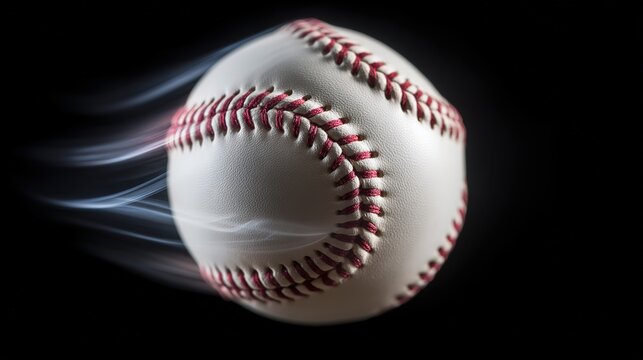High-speed motion capture photography, a white baseball with red stitching flying rapidly against a black background, with a smoke trail outlining its path. 