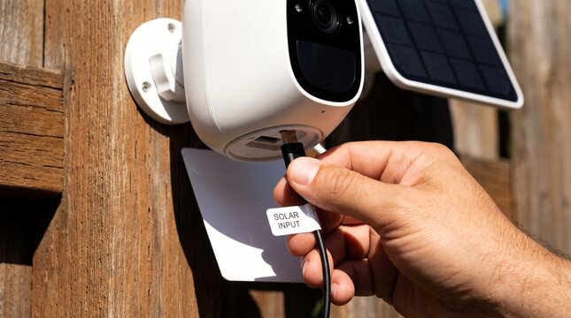 Connecting a USB cable to a wireless outdoor security camera solar input