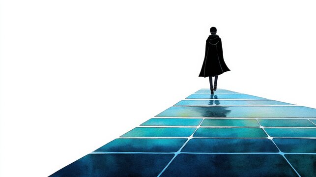 Solitary Figure Walking on Abstract Blue Pathway Towards Blank Space