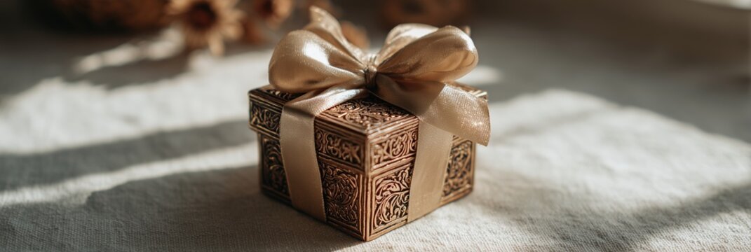 Ornate wooden gift box with shiny gold ribbon on textured light surface
