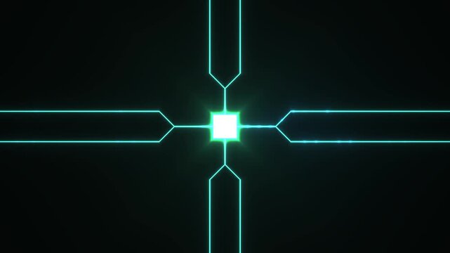 Abstract Geometric Pattern with Neon Blue Lines and Glowing Center on Black Background
