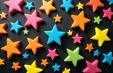 Fototapeta premium Scattered colorful 3D star shapes in various sizes and bright colors. Forms spread across a plain black backdrop. Party decoration, kids play, or creative design element.
