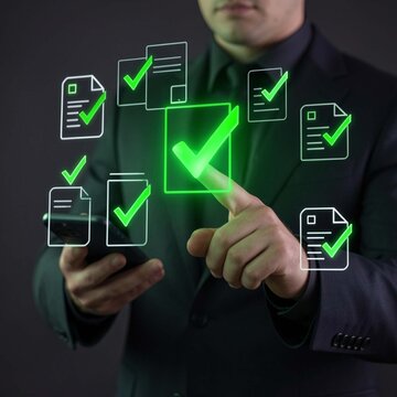 A man in a dark suit touches a glowing green checkmark on a minimal digital checklist, shallow depth of field