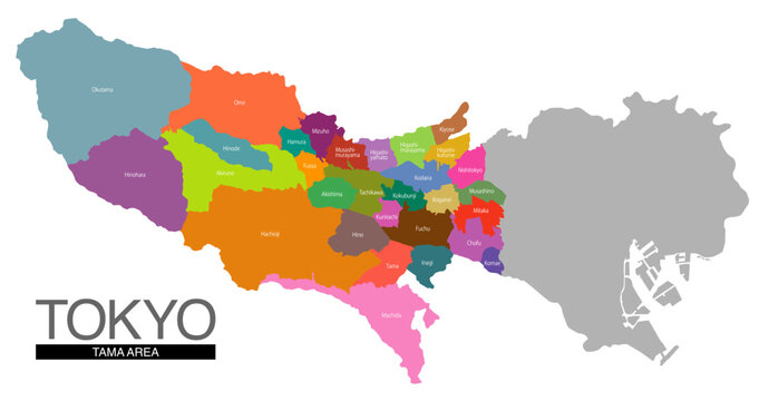 東京都多摩地区の地図 市町村名付き (英語)