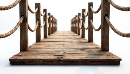 Fototapeta premium Narrow wooden walkway with thick rope railings recedes into distance. Aged planks form a rustic path with spaced posts and sturdy supports. Clean white background isolates the textured construction.