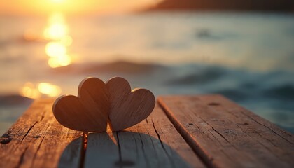 Fototapeta premium Two wooden hearts rest on a weathered pier at golden hour sunset. Gentle waves reflect warm light creating a serene, romantic mood. Perfect for love, relationships, or tranquil scenes.
