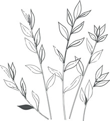 Fototapeta premium Minimalist hand drawn botanical leaf branches, elegant black line art floral stems, organic foliage vector illustration for wedding stationery