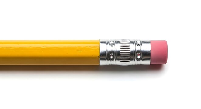 Close up of a yellow pencil with eraser on white background copy space
