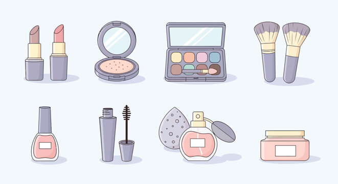 A collection of various cosmetic products and makeup tools, including lipstick, powder, eyeshadow, brushes, nail polish, mascara, perfume, and face cream.