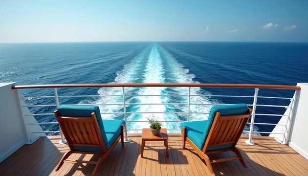 Two empty chairs on a ship deck face the vast blue ocean with a white wake trail behind. This scene evokes peace and a sense of journey on the open sea.