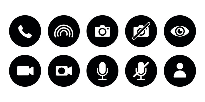 Website interface button icon set featuring phone call, photo camera, user pictogram, microphone mute, and video call symbols, vector illustration for apps and UI design