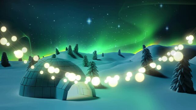 Glowing fairy lights decoration against igloo on winter landscape at night