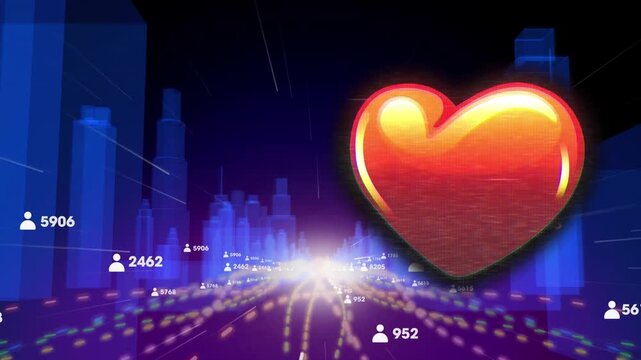 Animation of heart icon over digital city