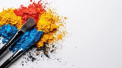 Fototapeta premium Vibrant Color Powders with Brushes on a Bright White Background