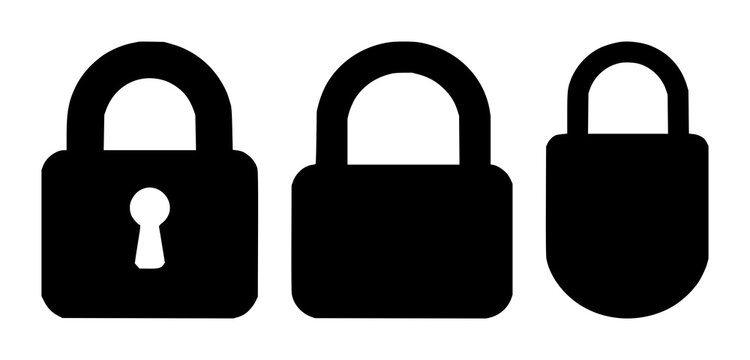 Lock set with a solid black icon on white background featuring lock symbol, security, keyhole with digital and physical iconography