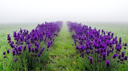 Obraz premium Lavender Field in Misty Landscape with Rows of Purple Blooms