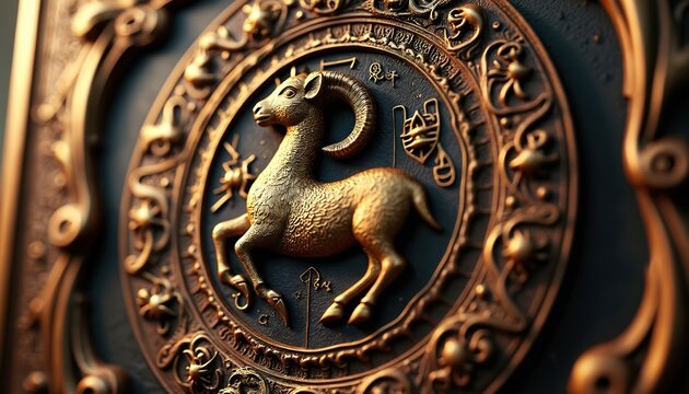 Golden Aries ram emblem on dark wood panel with mystic symbols and zodiac signs. Intricate carving features astrological artistry. Detailed ancient craftwork for horoscopes.