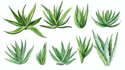 Obraz premium Watercolor illustrations of eleven green aloe plants on white background, varied shapes and sizes, botanical collection