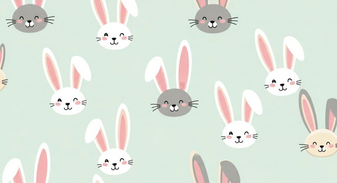 Pastel bunny faces pattern on mint green background for easter decorations and kids' party themes